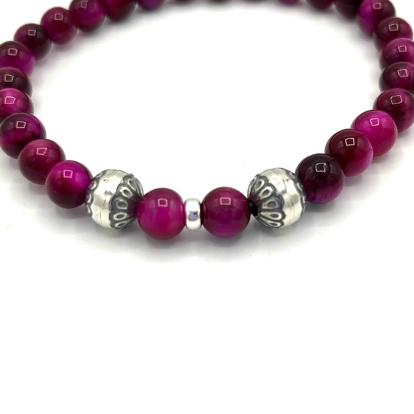 HAND CRAFTED Magenta Tiger Eye and Silver Stretch Bracelet - Picture 3 of 5